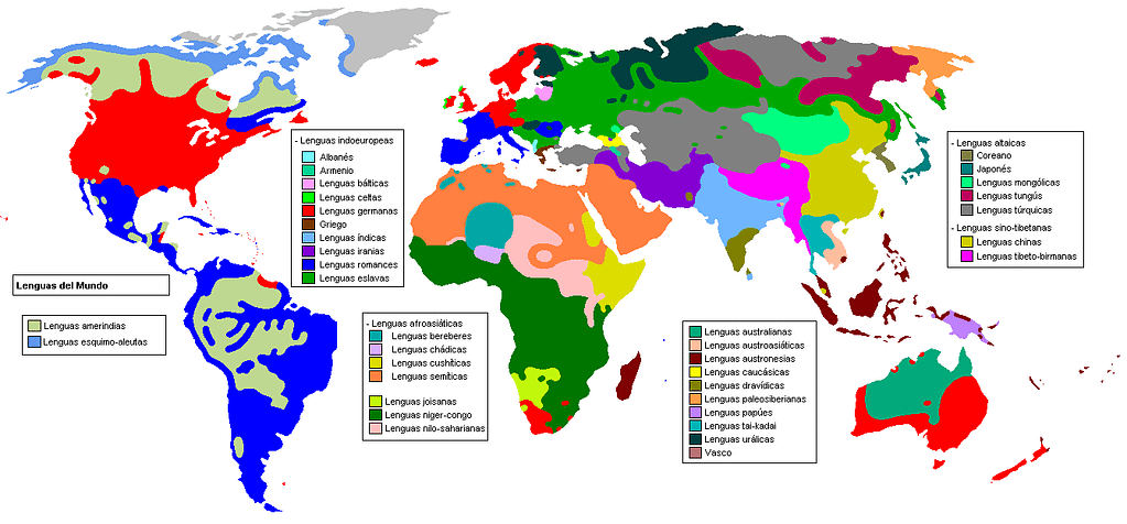 Mapamundi indicando las distintas familias de lenguas del mundo.